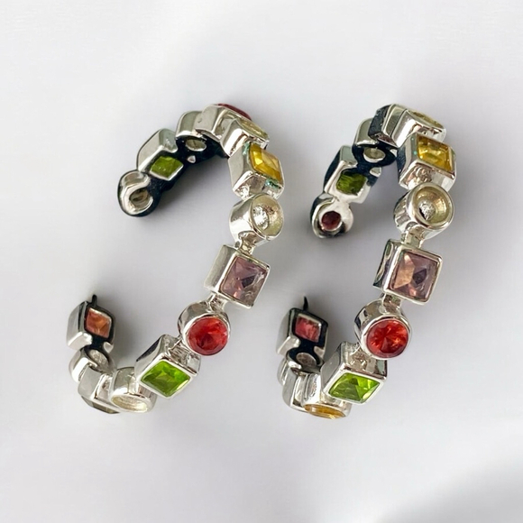 Pretty Glass Gemstone Silvertone Hoop Earrings Multicolor - Picture 1 of 5